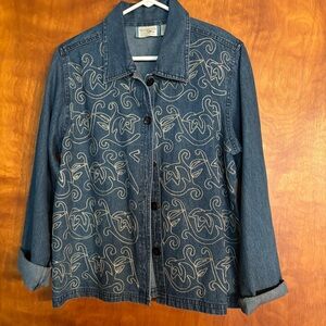 New Direction Floral Embroidered Denim Cotton Top / Jean Jacket. Blue. Ladies M